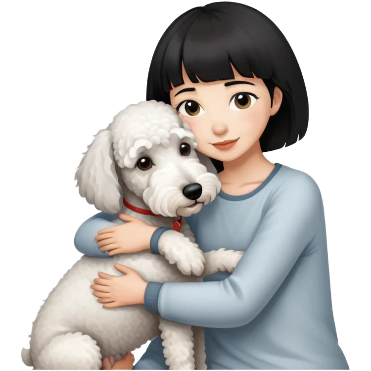 A girl with short black hair and bangs happily hugs a white Bedlington terrier emoji