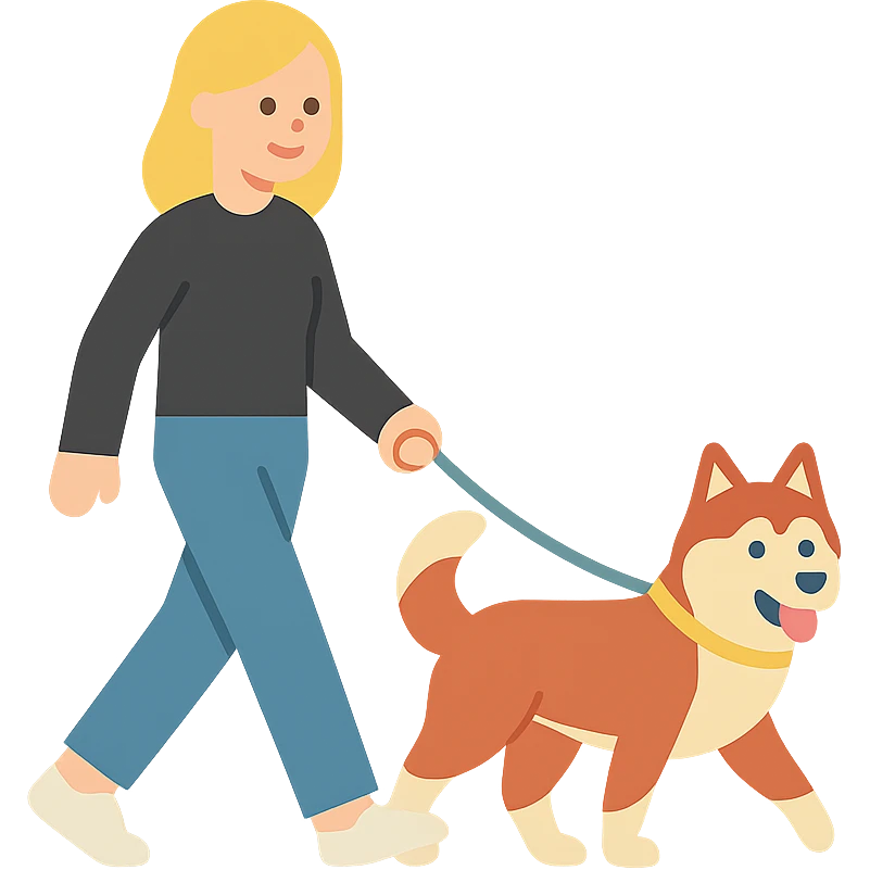 Cute Blonde woman wearing a black sweater and jeans and white sneakers walking a happy red-brown blue-eyed Siberian husky in New York City on an upper east side city sidewalk  emoji
