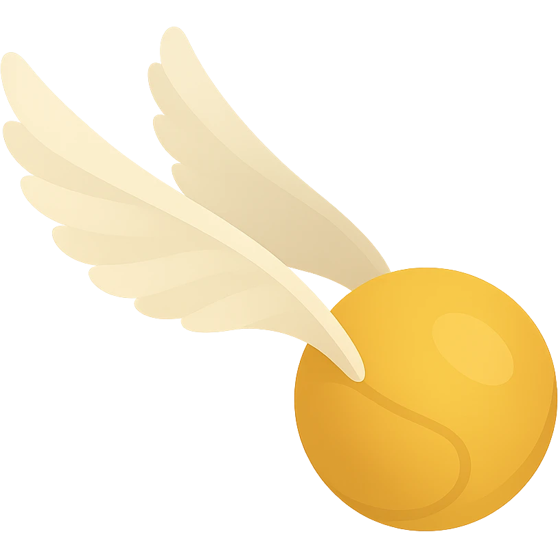 Golden Snitch in flight, cute and soft, no outlines, clear shadows and highlights, wings longer and more interesting, dynamic flying angle, color filled style, no background. emoji