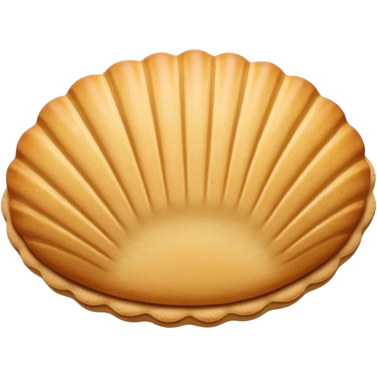 A madeleine pastry. Oval seashell shape with ONLY four to five vertical lines going in the same direction. Light golden brown. Scalloped edge. Cookie. Flat. Long. Oval shape. Lets scallops. emoji