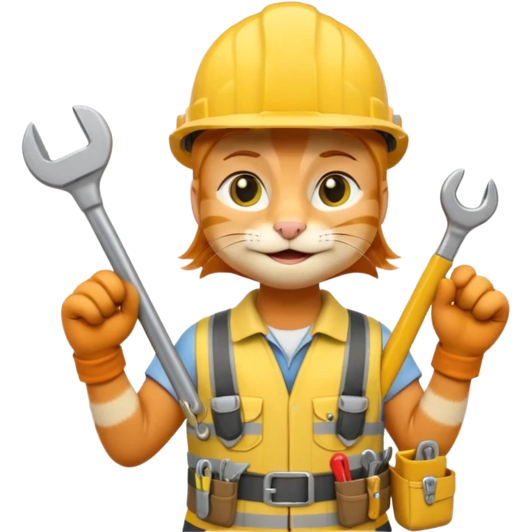 orange tabby cat wearing yellow hard hat holding tiny wrench, standing upright with tool belt, 3D emoji style emoji