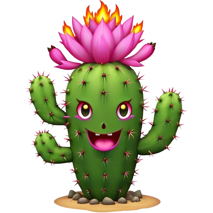Burning cactus with pink flowers and a crazy face emoji