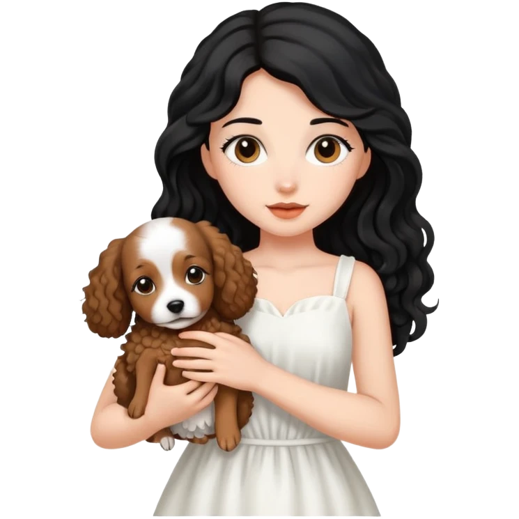 beautiful girl with long black hair in a white dress holding a small brown curly-haired dog emoji