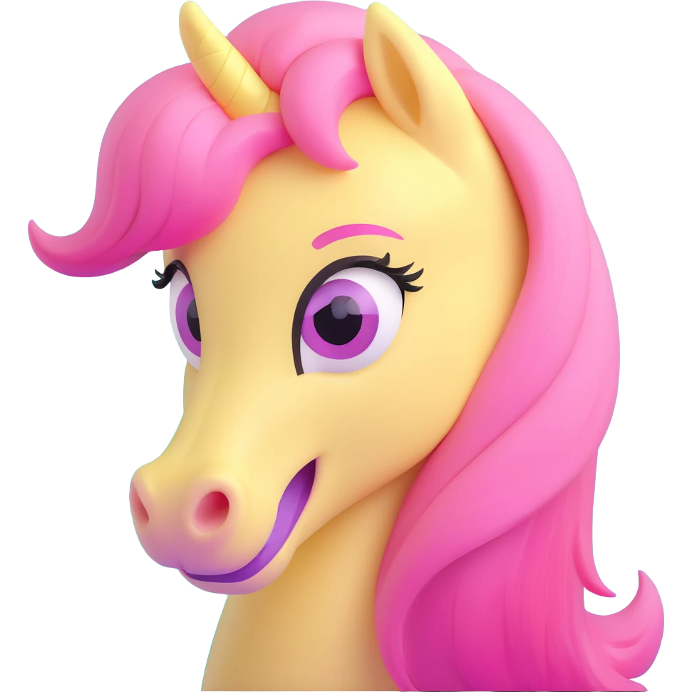 close-up face of pastel yellow pony with pink mane, big teal eyes, shy smile emoji
