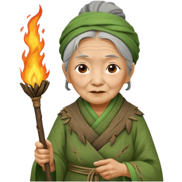 ancient asian old woman, tattered leaf green cloth, hold fire stick emoji
