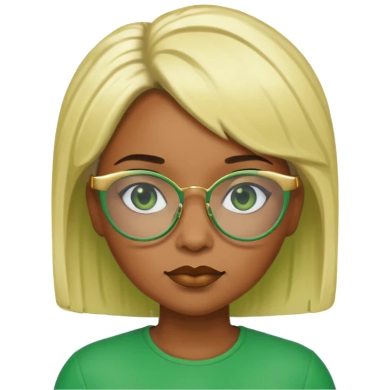 Caramel skin black woman 52 with green glasses that have gold edges and very blonde hair that’s very short but still puffy and small emoji