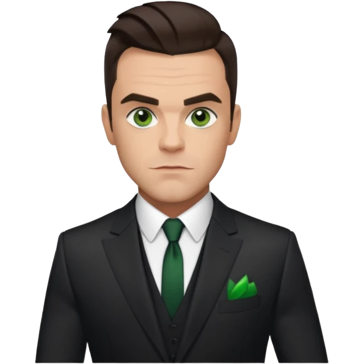 Robbie Williams with dark brown hair, green eyes, suit emoji