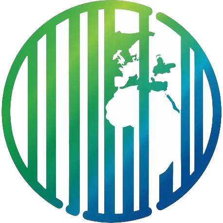 Minimalist circular logo with a barcode transitioning into a globe, representing ethical consumerism and sustainable supply chain. Green and blue gradient colors, modern and professional design. emoji