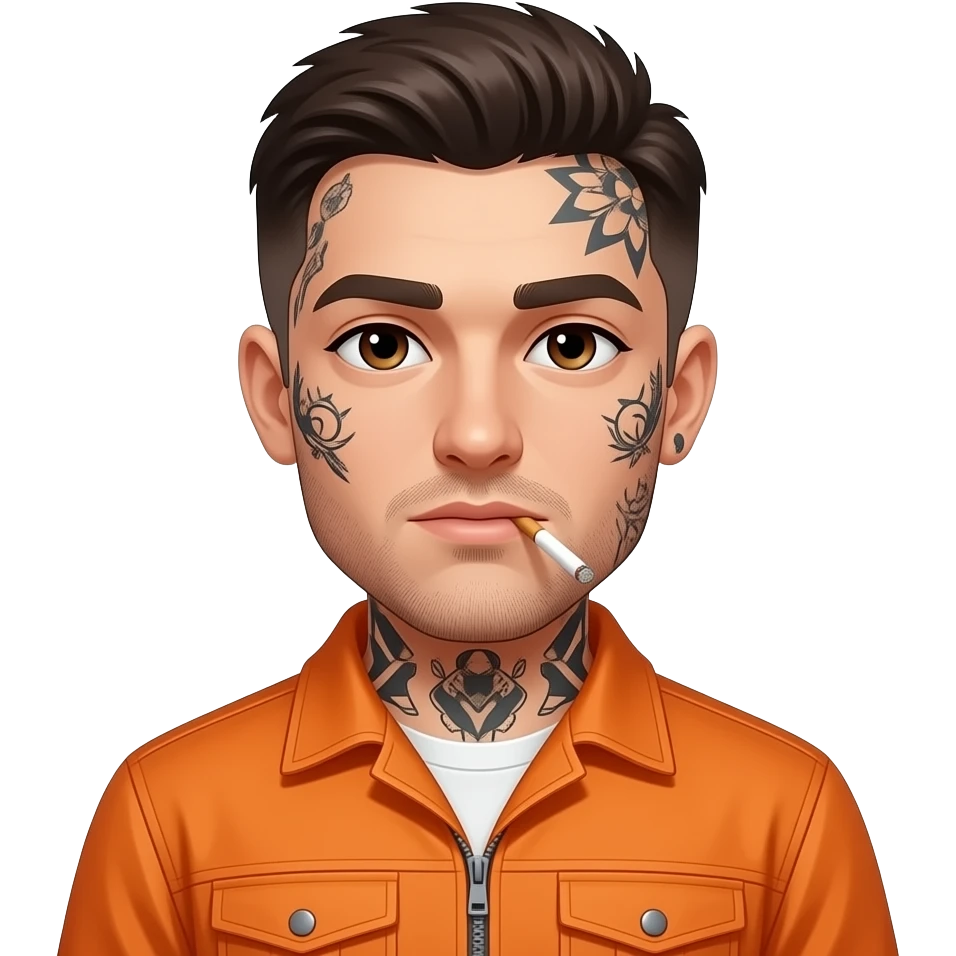 Multiple facial tattoos short dark brown hair  wearing an orange jumpsuit smoking a cigarette and slight facial hair third person view emoji