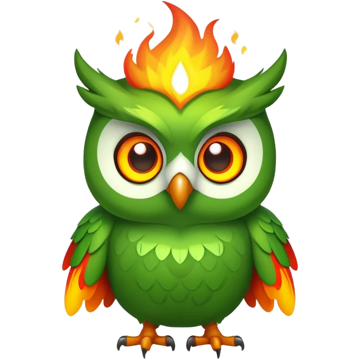 Duolingo green owl mascot with fire flames behind it emoji