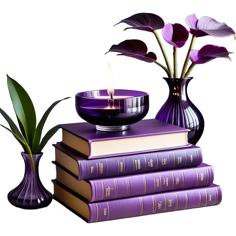 A sophisticated and artistic still life arrangement: a balanced stack of hardcover books in light and dark violet tones, their spines aligned in harmonious contrast. A lavender-colored monstera plant flourishes beside them, its uniquely shaped leaves adding a touch of organic beauty. A deep purple orchid glass candle holder glows gently, radiating warmth. To enrich the composition, a decorative amethyst crystal catches the light, a soft plum-colored linen cloth cascades from the table’s edge, and a delicate lavender-scented candle completes the ambiance of refined tranquility. emoji