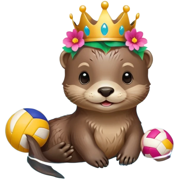 super cute baby otter with a colorful flower band/crown around its head, gentle expression and soft rounded eyebrows, floating on VERY CLEARLY VISIBLE blue water with prominent waves and ripples, baby otter with big sweet eyes holding a volleyball with both small paws above the water emoji