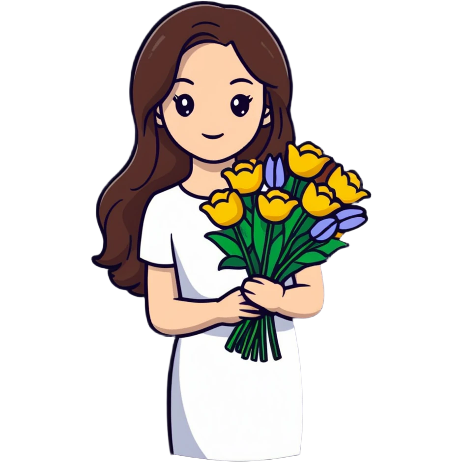 cool girl with long brown hair and fair skin holding a bouquet of flowers, stylish emoji