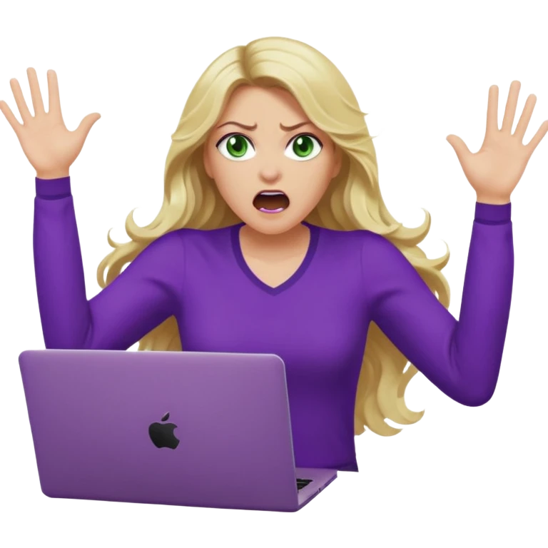 lady with long wavy blonde hair, purple top, green eyes, throwing her with a purple mac laptop hands in the air screaming, looking angry emoji