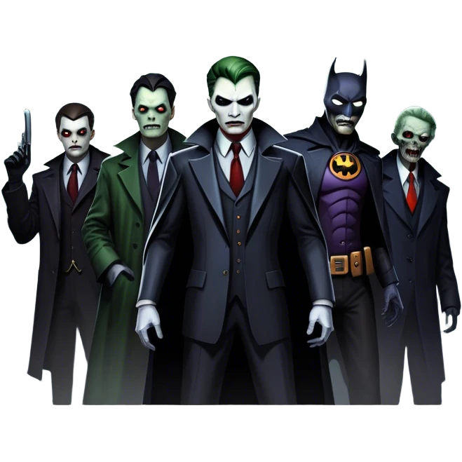 Icon for Thriller Movies: A large, dramatic collage featuring sinister villains and zombies in dark clothing. The background shows the gloomy cityscape of Gotham with dim lighting and eerie shadows. The atmosphere should be tense, mysterious, and suspenseful. Transparent background. emoji
