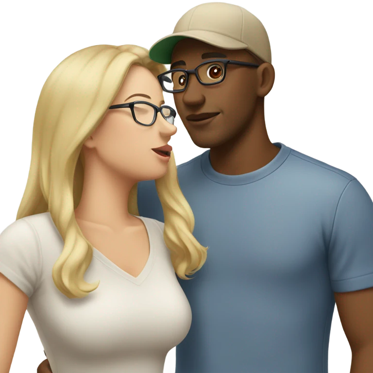 blonde woman with glasses and men with light skin and cap and no glasses kissing emoji