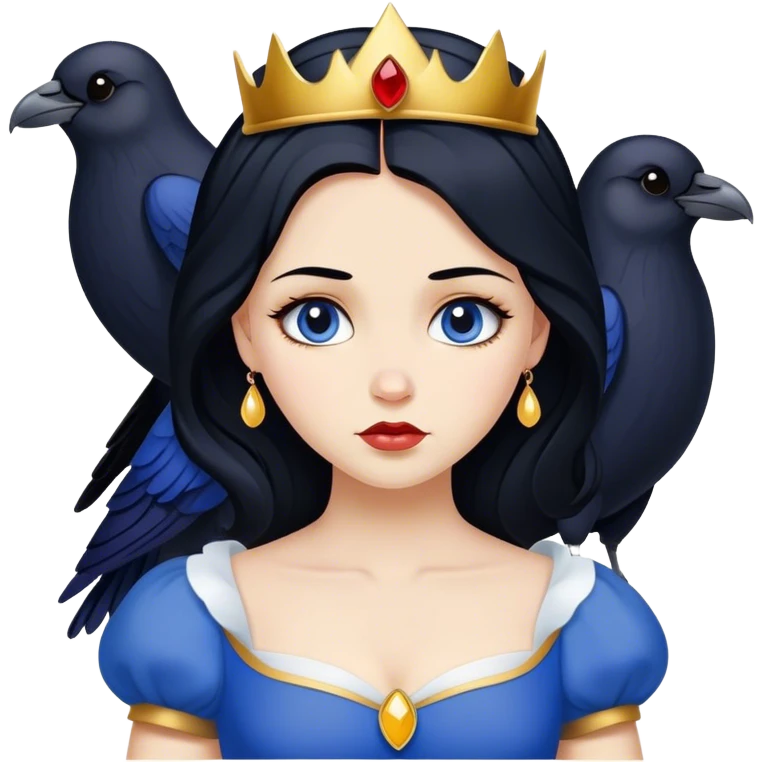 Cinematic Timeless Snow White Portrait Emoji, rendered in a clean, vector style. Depict Snow White with flawless porcelain skin, elegantly styled raven hair, and a serene, graceful expression, dressed in her classic blue and gold ensemble. The design features bold, simplified shapes, a soft, enchanting glow, and a subtle glowing outline, epitomizing pure, timeless beauty. emoji