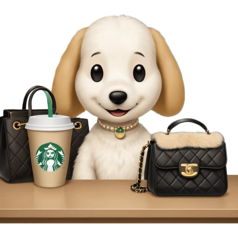 snoopy in a desk with starbucks and his chanel purse emoji
