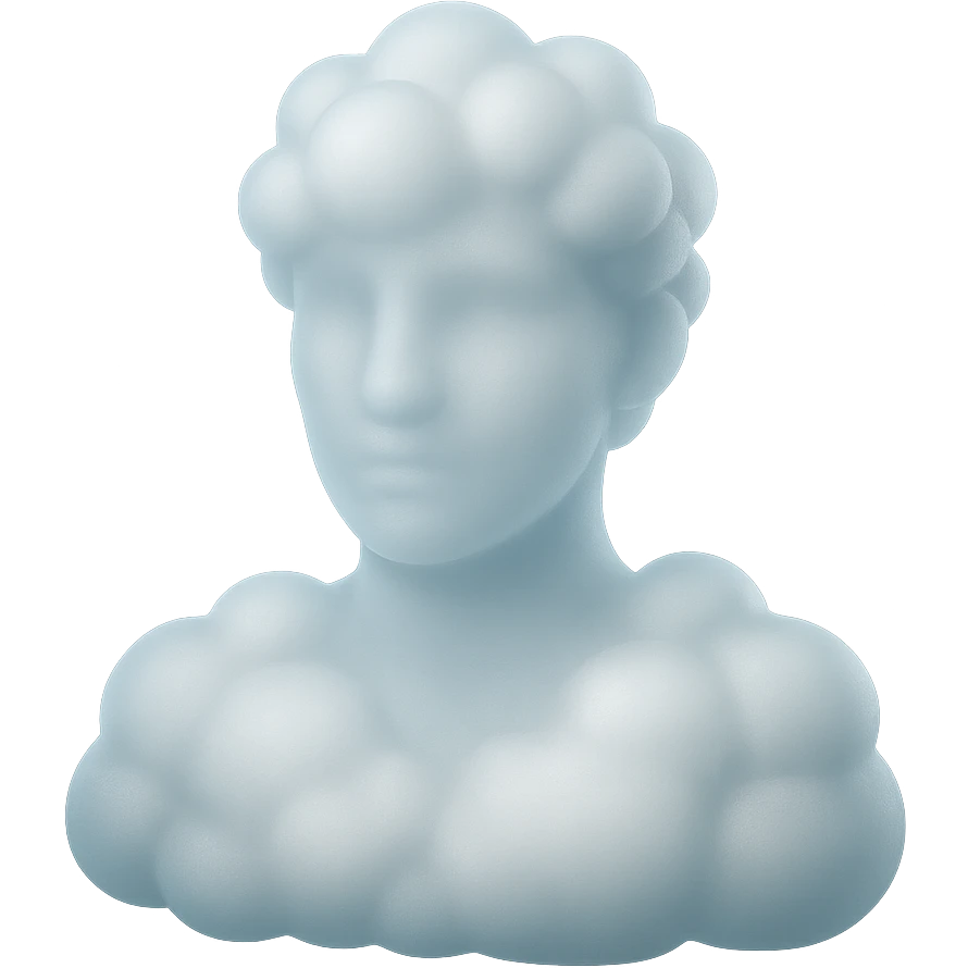 person made of white fluffy clouds, shoulders up, front view, matte glass style emoji