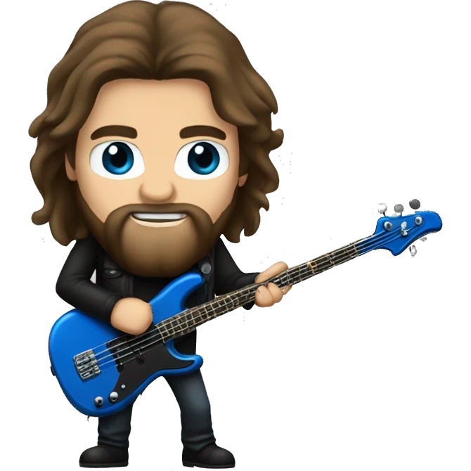 Brown long hair, blue eyes, beard, bass player, metal emoji