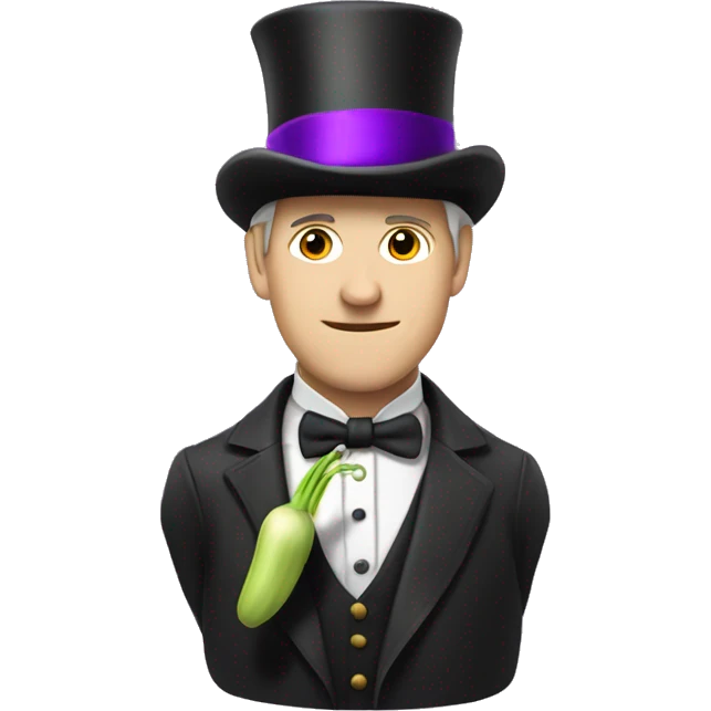 White man wearing a Top Hat with a purple band holding a leek emoji