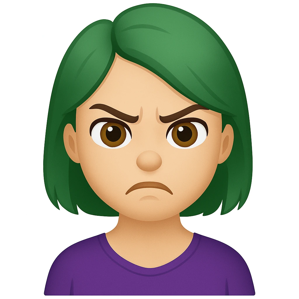 Edit the image of a girl with green hair and angry expression to have hazel eyes and nude lipstick in an emoji style. emoji