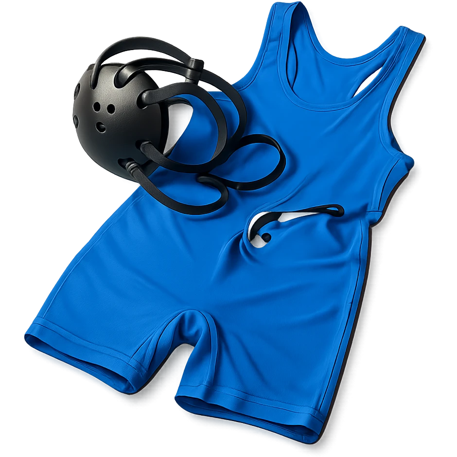 realistic icon of a wrestling singlet uniform, bright blue, brightly lit, spread out as if loosely laying on a table, with a set of wrestling headgear laying loosely on top, isolated on transparent background emoji