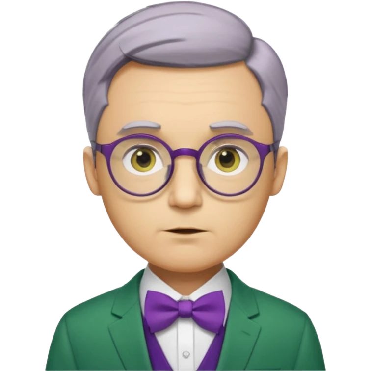 yellow-skinned man with neatly parted brown-gray hair, thick rectangular eyebrows, large round eyes behind thin glasses, a pointed nose, and a green suit with a white collar and purple bow tie. emoji