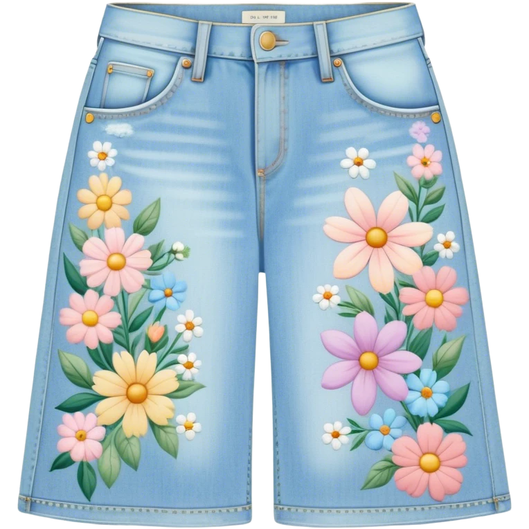 light wash denim wide leg jeans with pastel flowers painted on them emoji