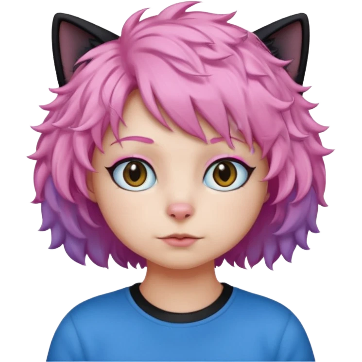 a Black cat wearing a short curly pink hair wig, blue T-shirt emoji