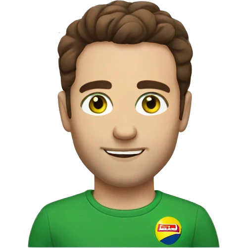 Man with brown hair a lidl t-shirt and green eyes emoji