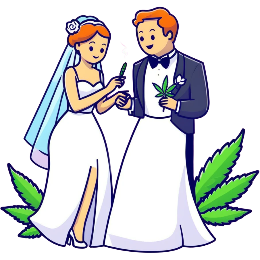 Bride in white dress and groom in tuxedo sharing a cannabis joint, cheerful cartoon wedding couple with festive colorful background emoji