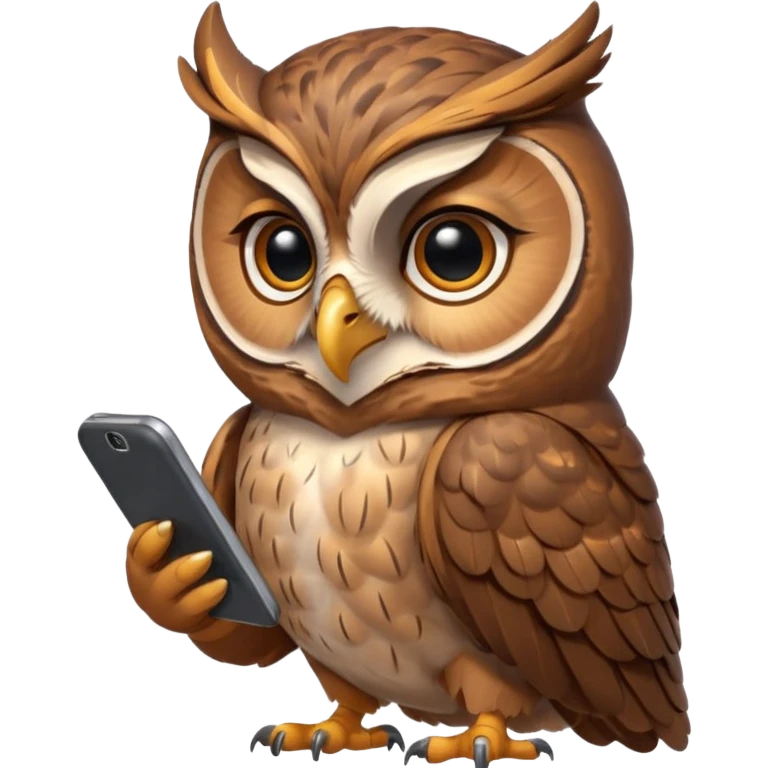 Сова  держит телефон крылом, внимательно слушает, блокнот под лапой  emoji