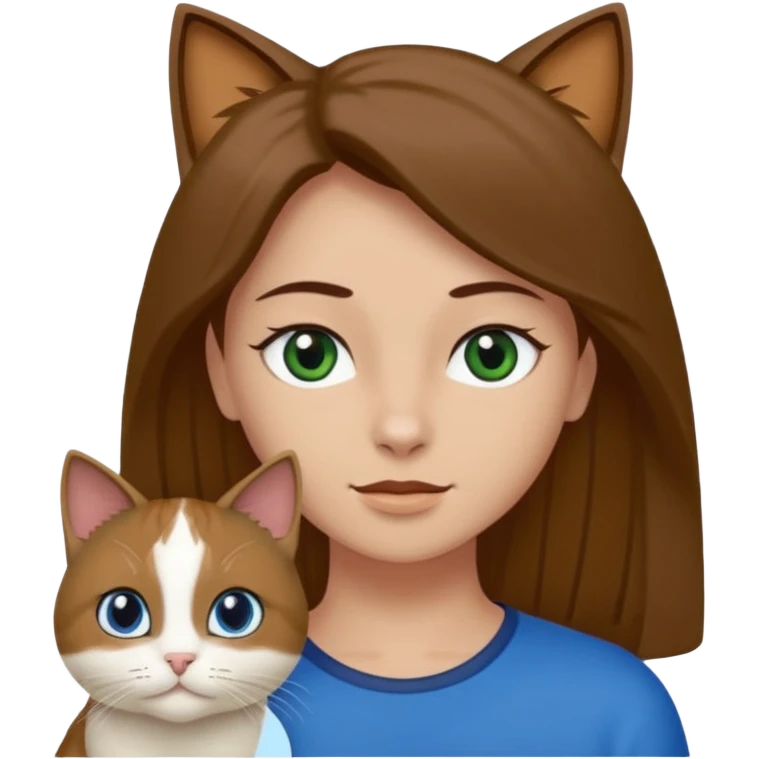 Crea un emoji donde salga un chico de pelo moreno con los ojos claros, una chica de pelo morena con los ojos marrones y UN gato europeo comun de pelaje oscuro y ojos verde claro, quiero que se esten abrazando el chico y la chica, y el gato este en el medio de los dos emoji