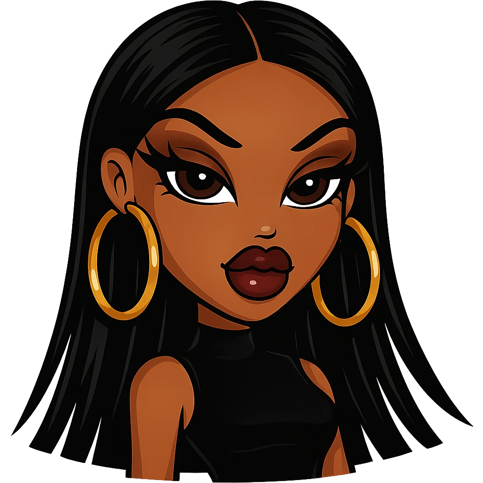 Bratz-inspired baddie with sleek black hair, brown skin, bold makeup, dark brown eyes, large gold hoop earrings emoji