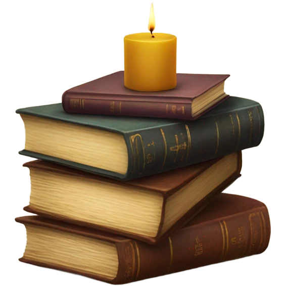 Vintage book stack with candle emoji