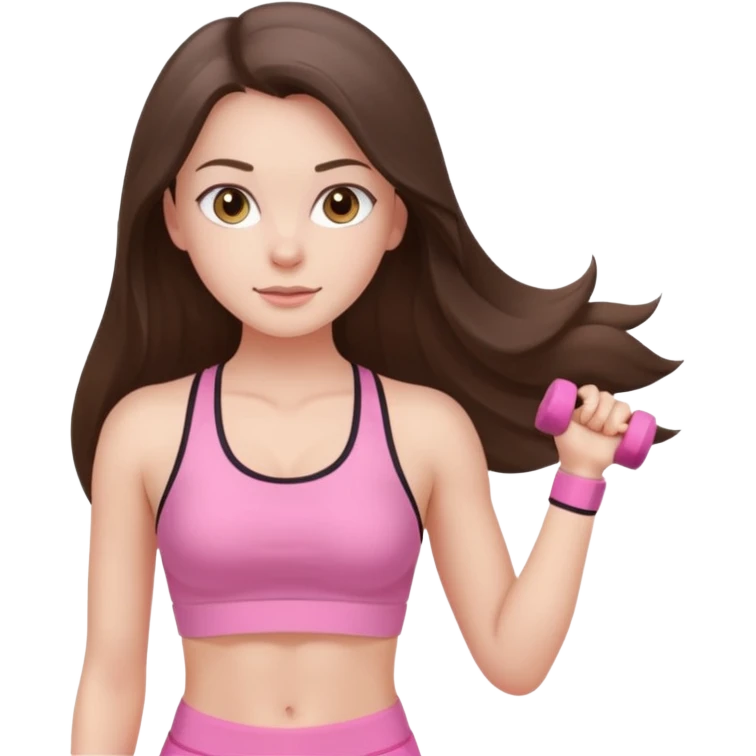 white brunette girl long hair with hazel eyes in light pink workout with small waist emoji