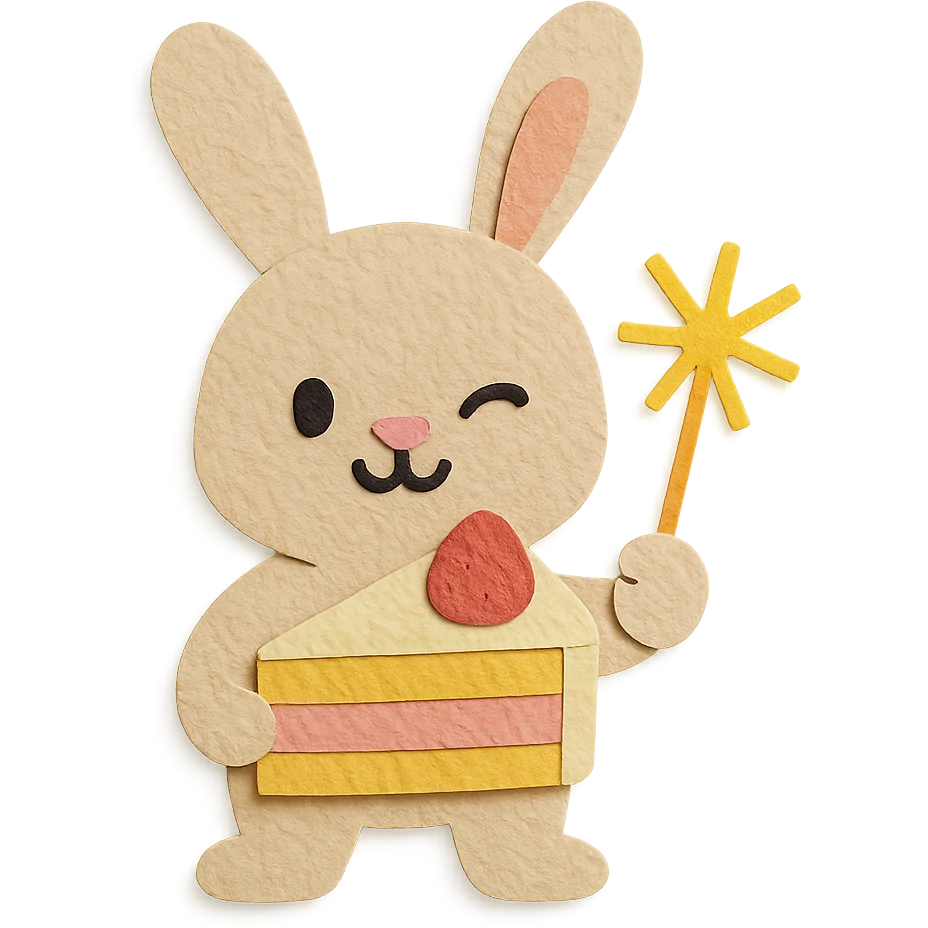 bunny holding cake slice and sparkler, winking, paper-craft style emoji