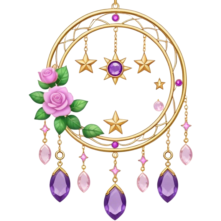 Epic beautiful gorgeous cute gold suncatcher, threads with shiny sparkly amethyst and rose-quartz gemstones, flowers, crescents-moons, stars, leaves emoji