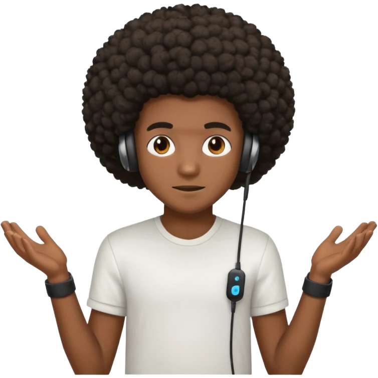 A dark-skinned boy with an afro, gamer , and ears, wearing a white shirt. emoji
