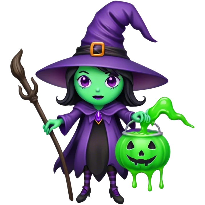 Make a purple and black halloween version haunted witch with green goo emoji