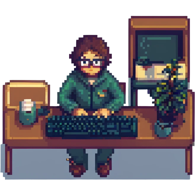 programmer wearing glasses, typing on keyboard, pixel art style, retro tones, simple background emoji