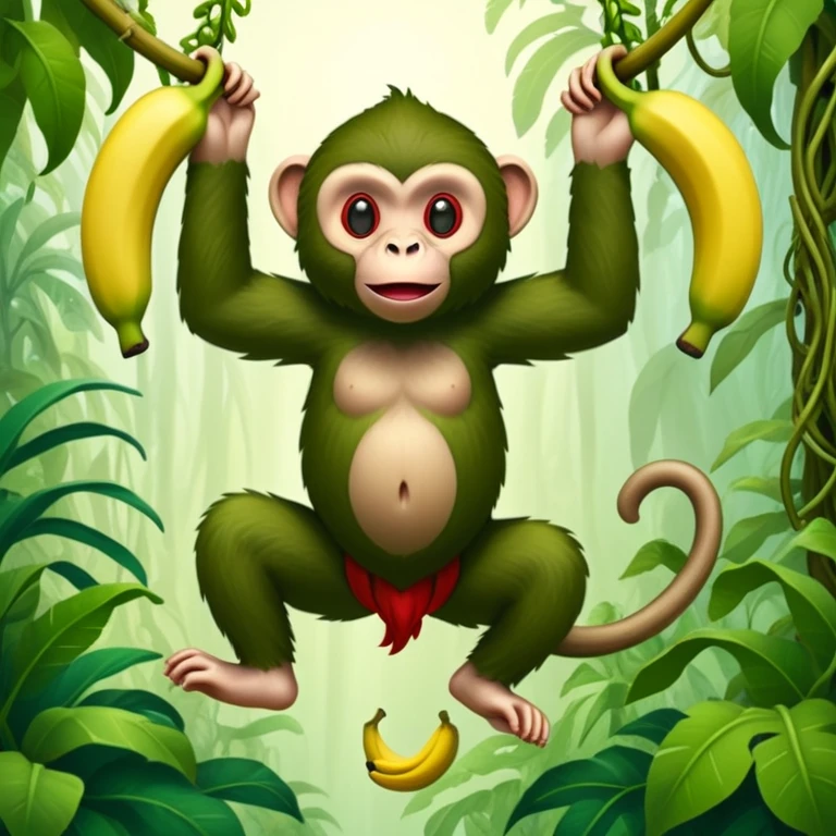 A surreal hybrid creature that is half monkey (top) and half banana (bottom). Green monkey with red facial features on top, and an opened banana peel forming the lower body. Set in a jungle with hanging vines and soft light filtering through trees emoji