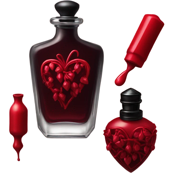 Dark red aesthetic perfume bottle with red bleeding hearts and an ink bottle emoji
