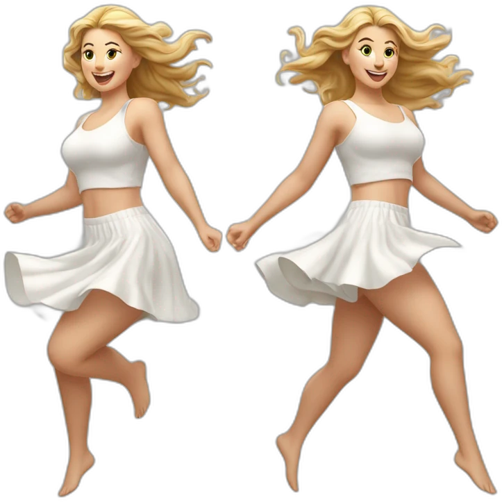 Hyperrealistic Full body Caucasian curvy beauty jumping white skirt back and front views strong wind emoji