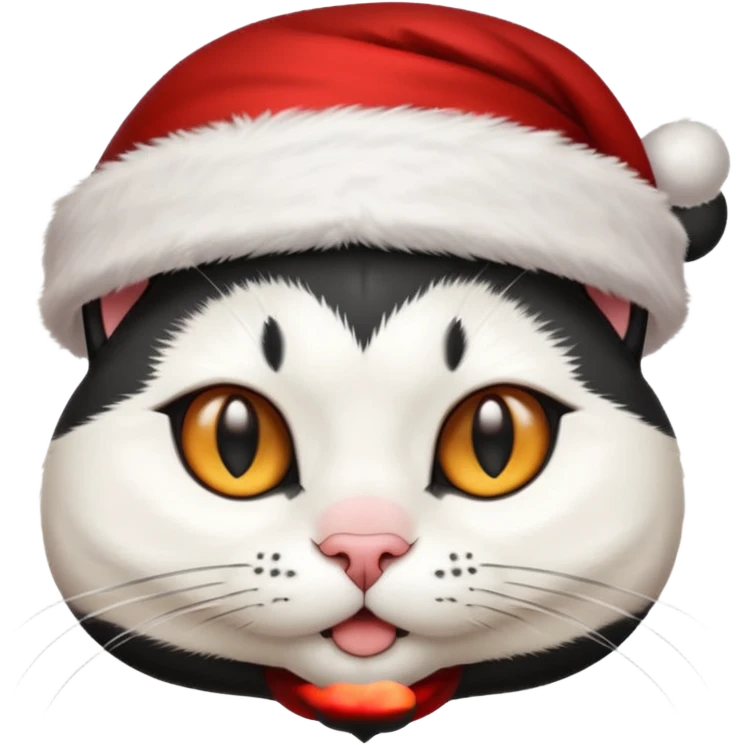 white and black cat face wearing a santa hat emoji