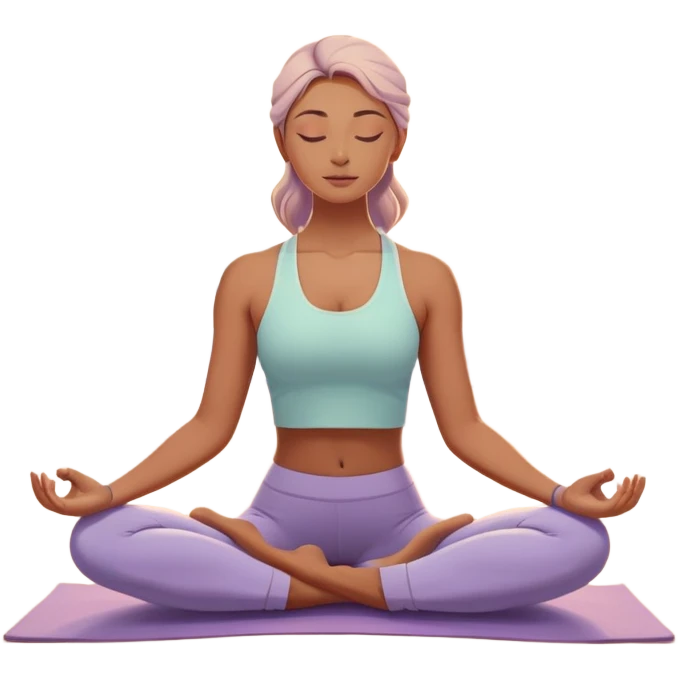 A peaceful person practicing yoga on a calm beach at sunrise, in a serene meditative pose. Soft pastel colors surround the scene, with gentle waves in the background and smooth, flowing lines representing balance and tranquility. The atmosphere feels centered and mindful. emoji