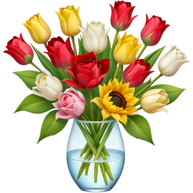 A mix bouquet of red, yellow and white roses, Sunflowers and white and pink Tulips emoji