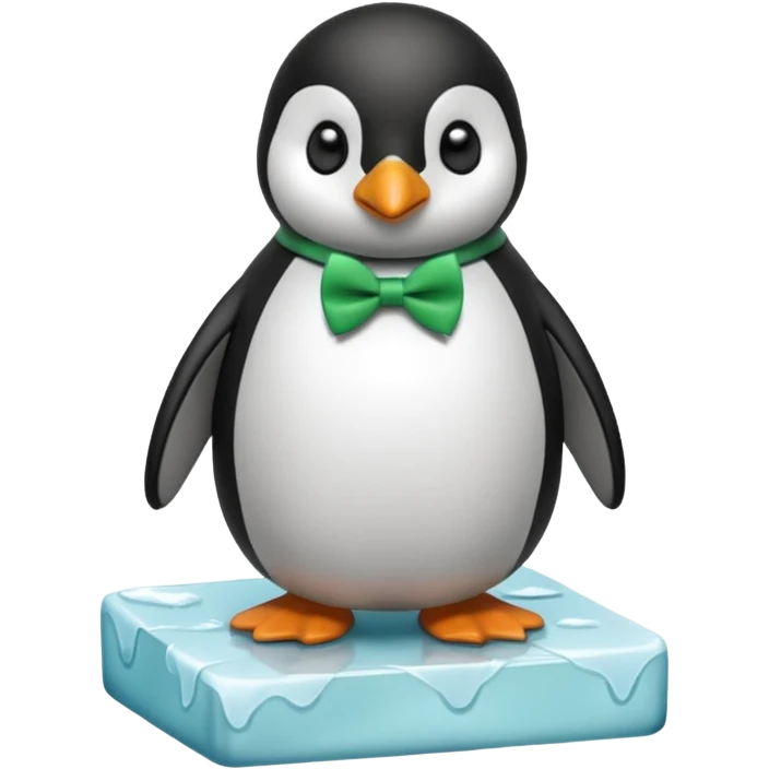 penguin, green bow tie, standing on small ice melting block emoji