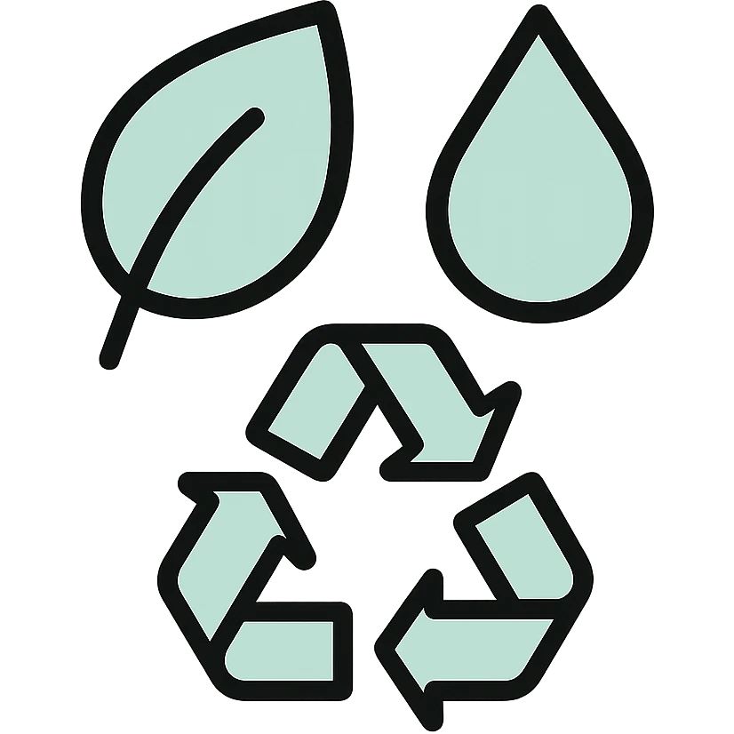 Environment with leaf, water drop, and recycling symbol, fluid dimensional design, techy style, black outlines with mint green #B5F4D3 fills emoji